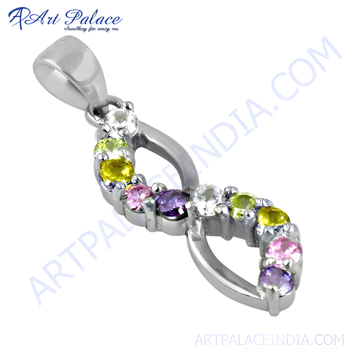 925 sterling silver infinity pendant with multi colored gemstones, including amethyst, peridot, and white stones