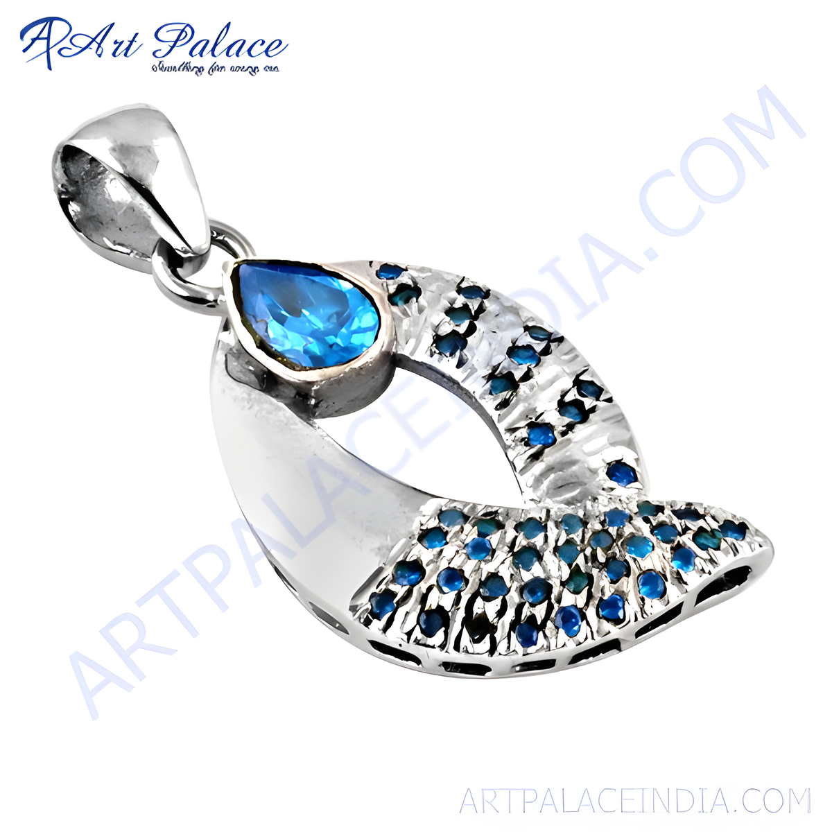 925 sterling silver pendant with a pear shaped blue gemstone and accents
