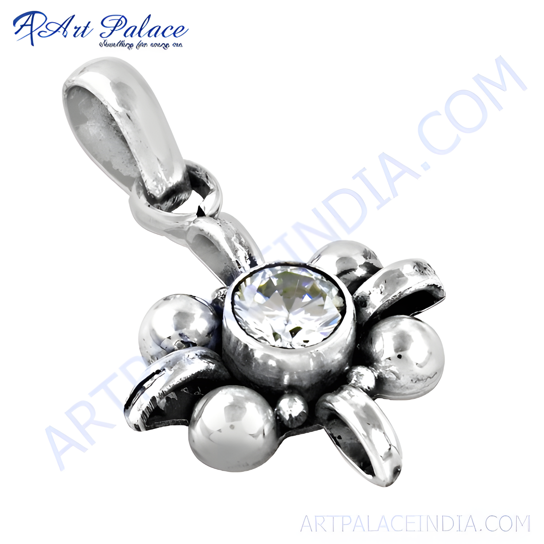 925 sterling silver flower pendant with a clear cubic zirconia center stone for women.