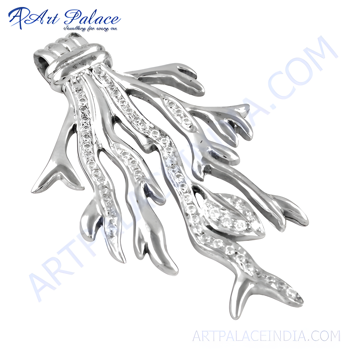 Sterling silver coral branch pendant with sparkling cubic zirconia
