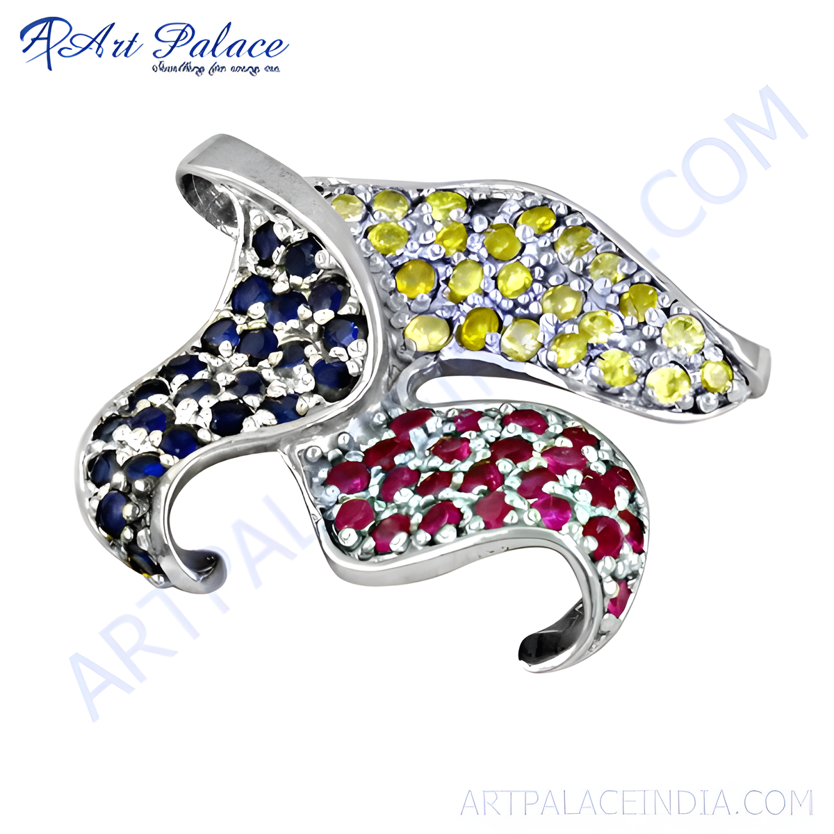 Sterling silver pendant with ruby, sapphire and yellow gemstones, a unique and colorful jewelry piece