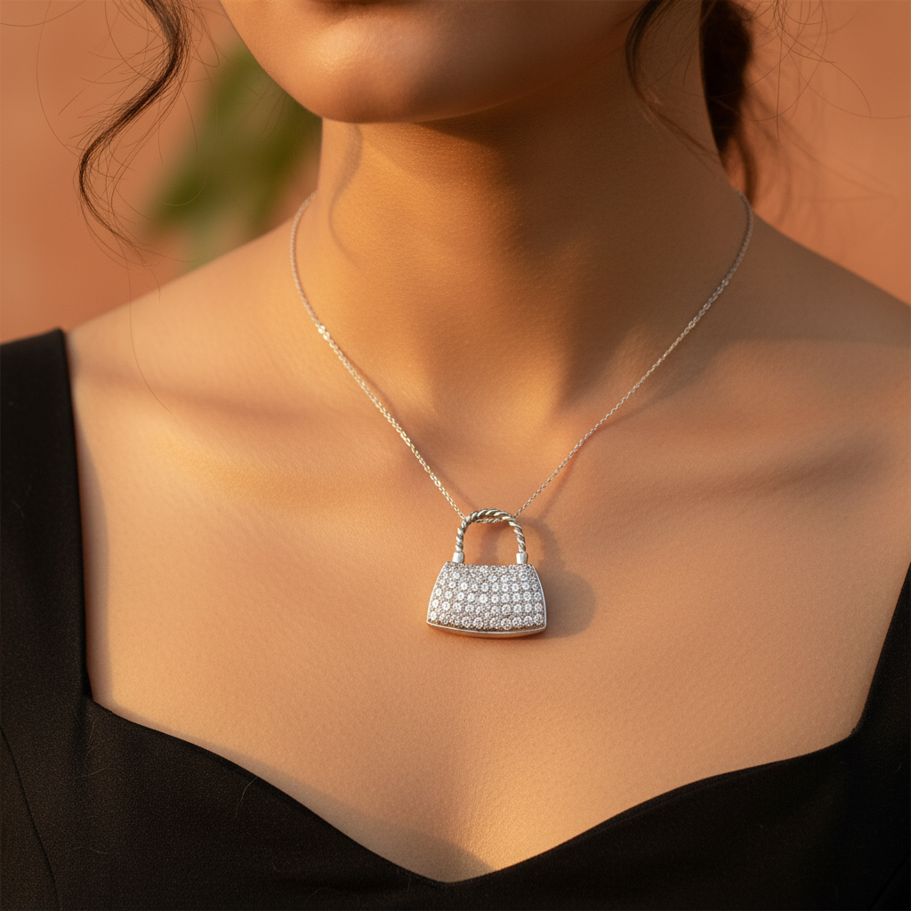 Silver Padlock Charm Pendant | Cubic Zirconia | For Women