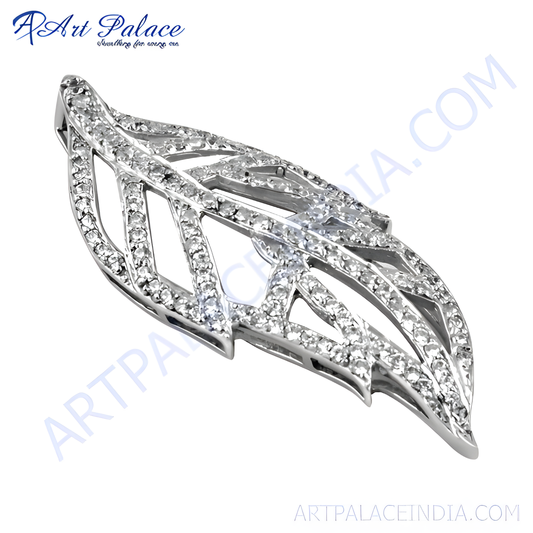 Silver leaf pendant with sparkling cubic zirconia stones, perfect for women's jewelry and gifts.