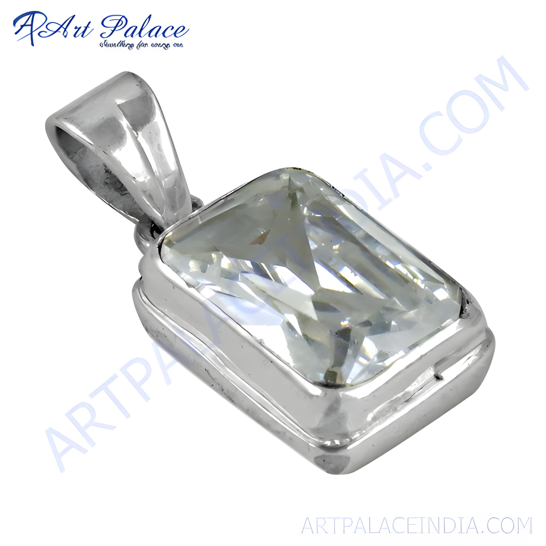 925 sterling silver emerald cut pendant with clear white gemstone