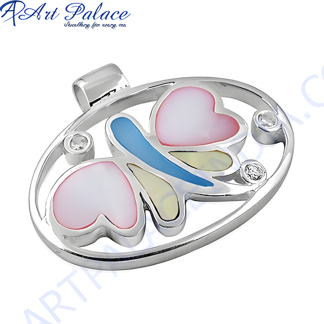 925 sterling silver butterfly pendant with pink and blue enamel and mother of pearl accents