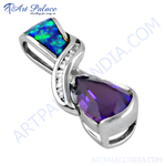 Load image into Gallery viewer, 925 sterling silver pendant with a blue opal and a purple amethyst gemstone, perfect for women.
