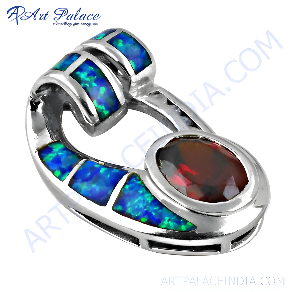 925 sterling silver pendant with blue opal and a red garnet gemstone, ideal for women