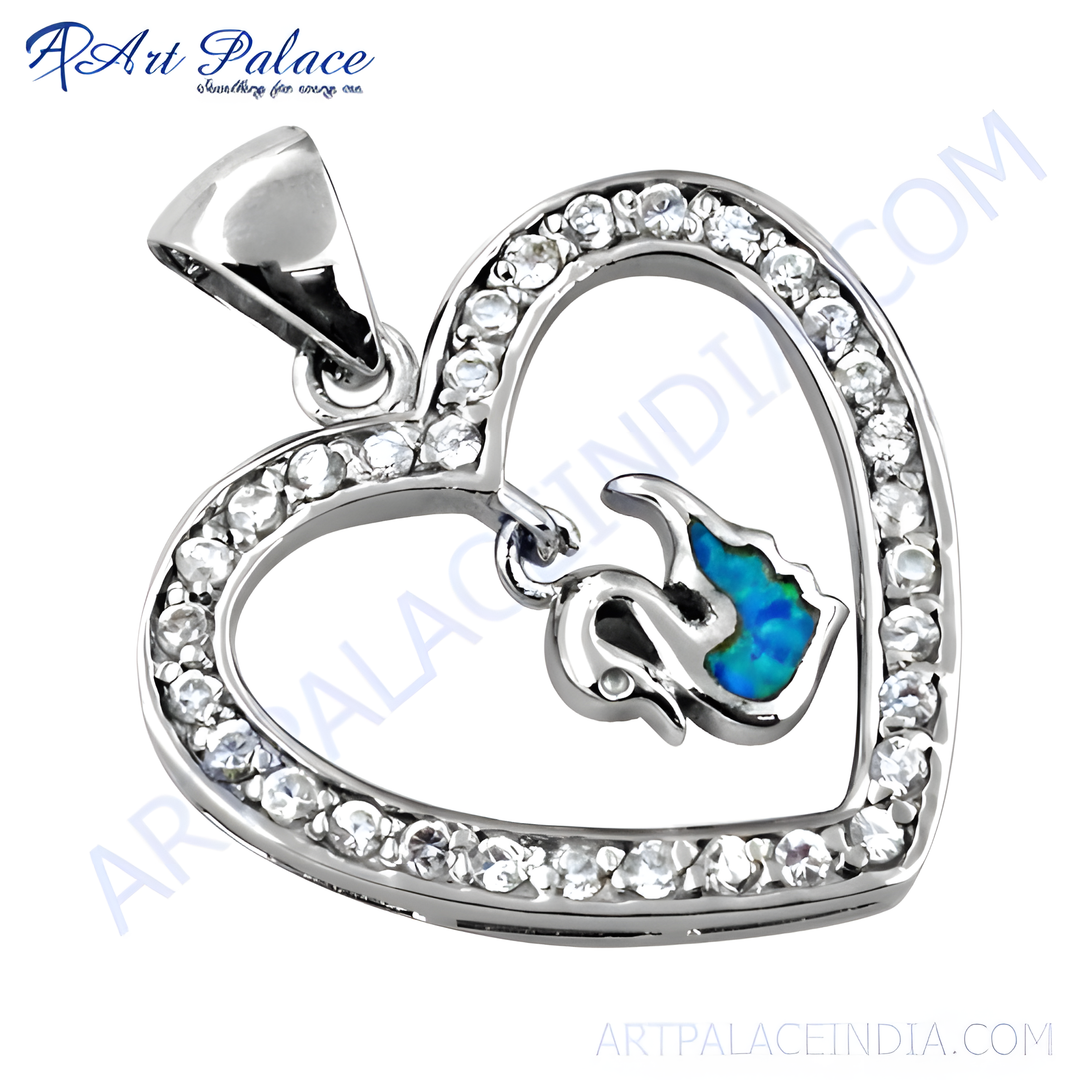 925 sterling silver heart pendant necklace with CZ accents and a blue gemstone center