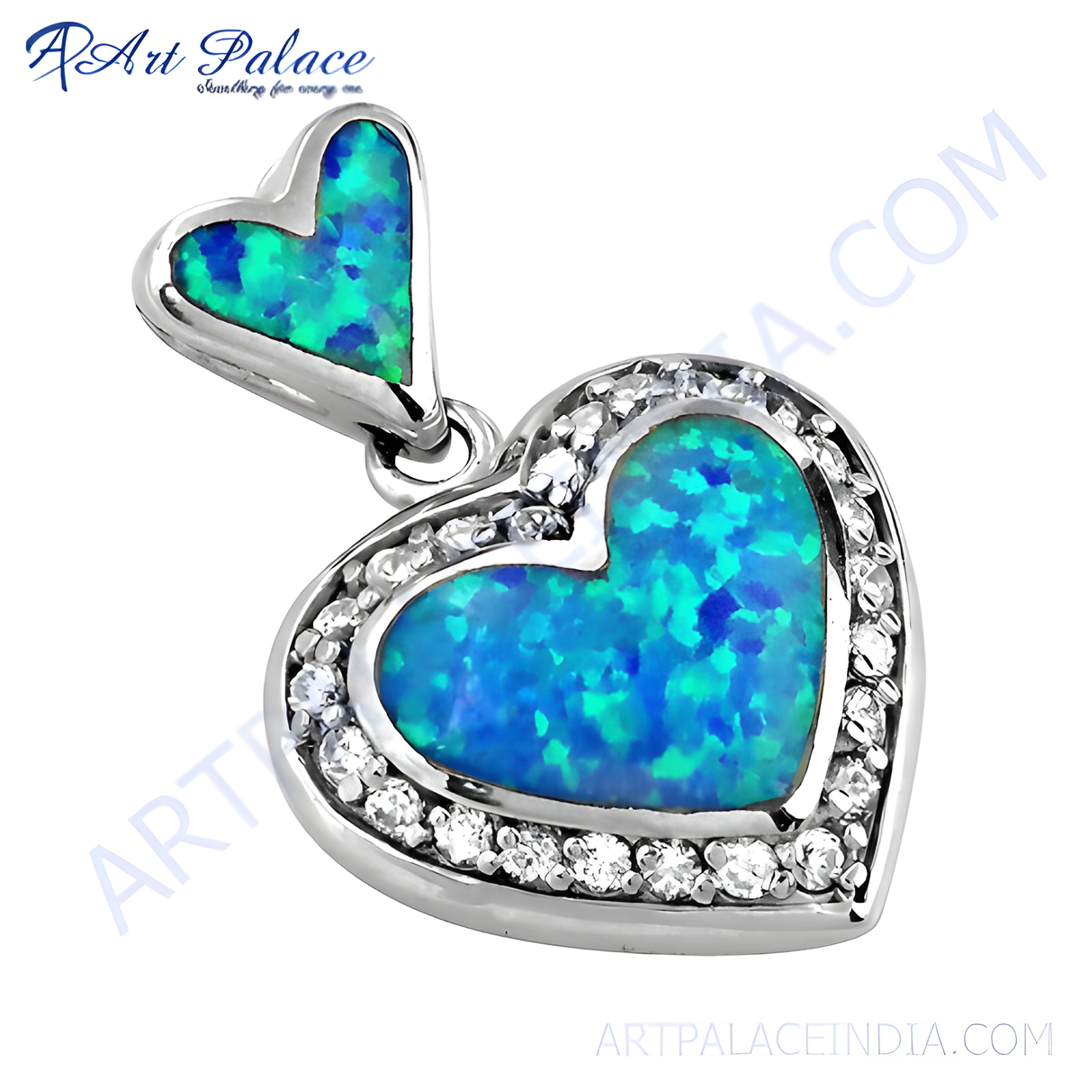 925 sterling silver heart shaped opal pendant necklace with blue and green gemstone