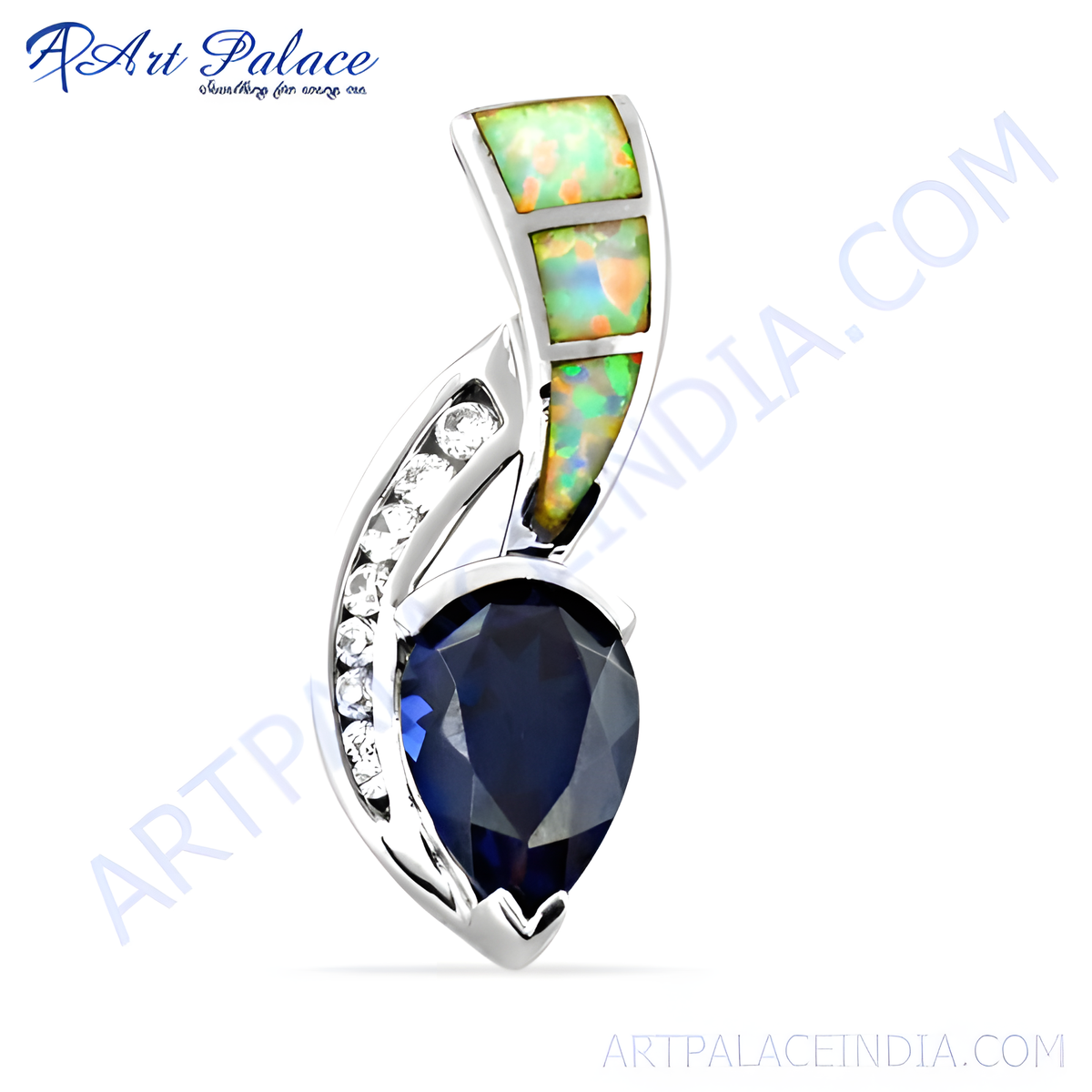 925 sterling silver sapphire and opal pendant with blue gemstone and opal accents