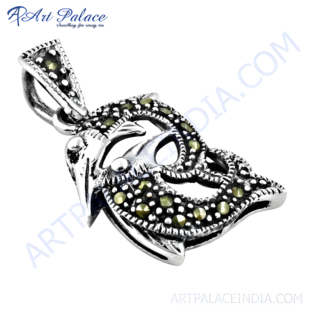925 sterling silver mask pendant with marcasite stones. Elegant, detailed, and perfect for gifting.