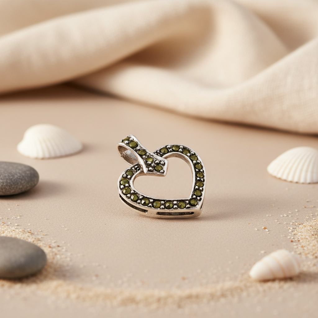 925 Silver Heart Pendant Necklace | Green Gemstone Jewelry