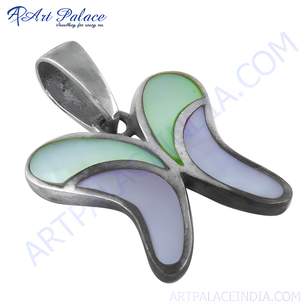 Sterling silver butterfly pendant with green and purple gemstones, a beautiful jewelry piece.