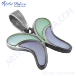 Load image into Gallery viewer, Sterling silver butterfly pendant with green and purple gemstones, a beautiful jewelry piece.
