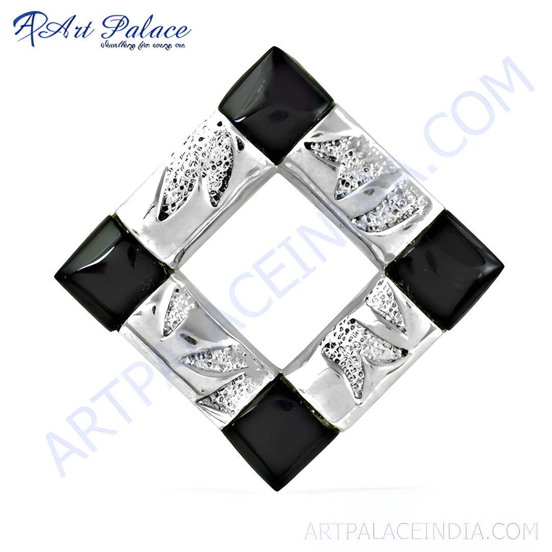 Sterling silver geometric pendant necklace with black onyx accents, a modern design for women.