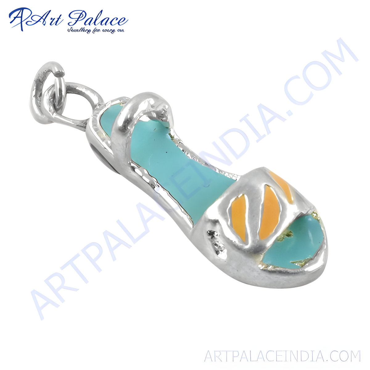 Sterling silver sandal charm pendant with blue and orange enamel detailing, a perfect summer accessory for women