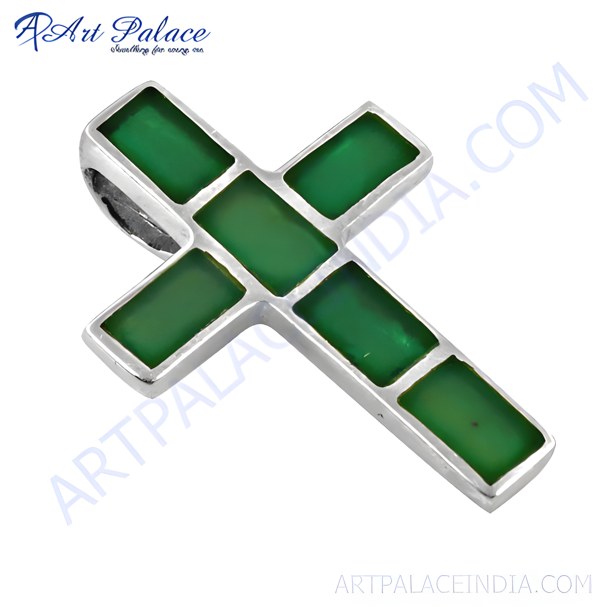Sterling silver cross pendant with green gemstone inlays