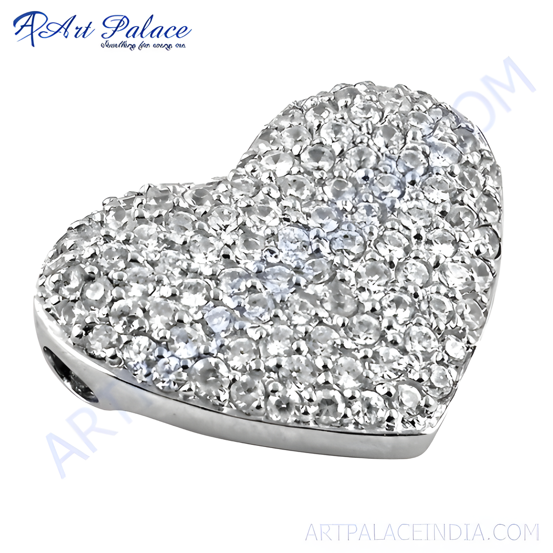 Silver heart shaped pendant covered in sparkling cubic zirconia stones.