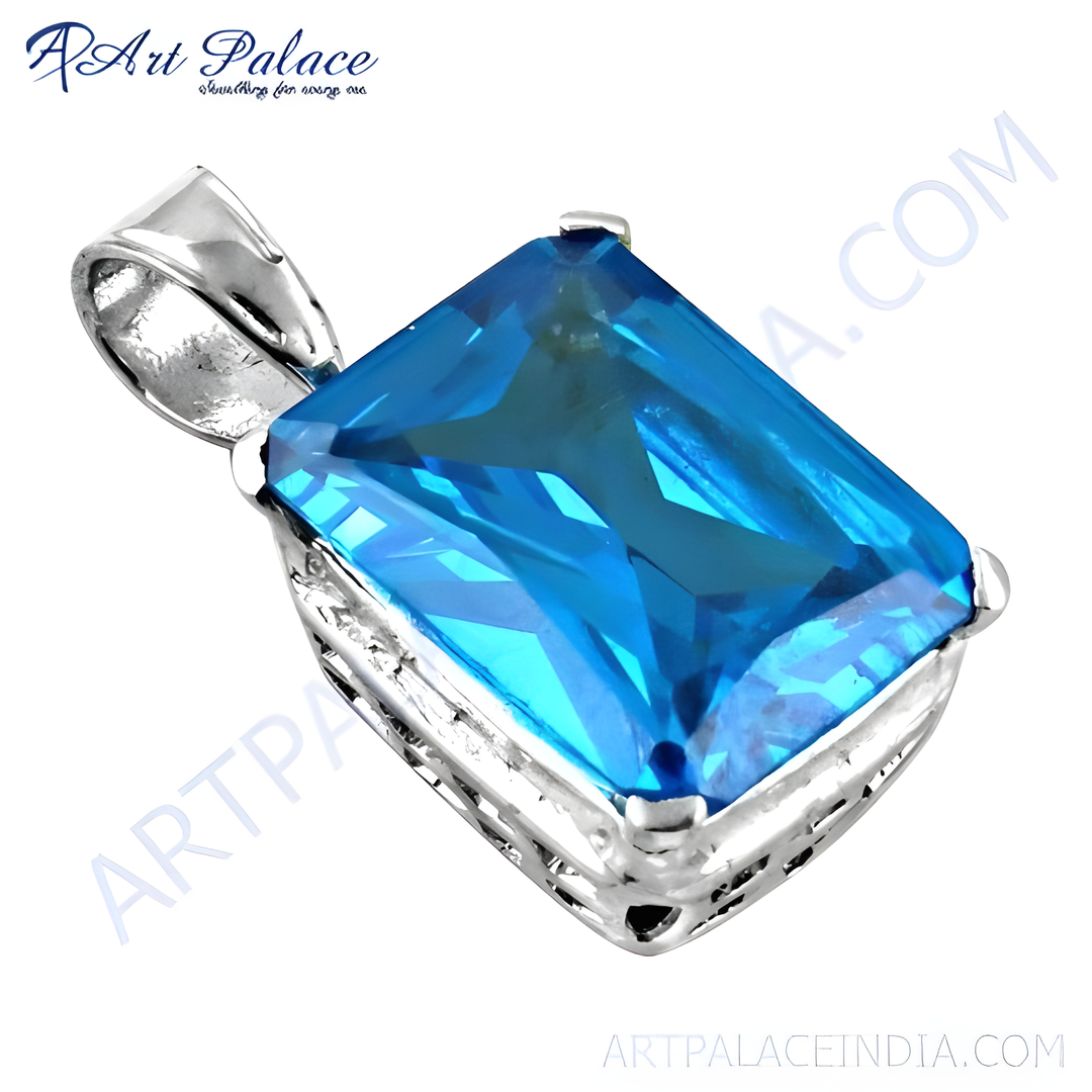 925 sterling silver pendant with a large rectangular blue topaz gemstone.