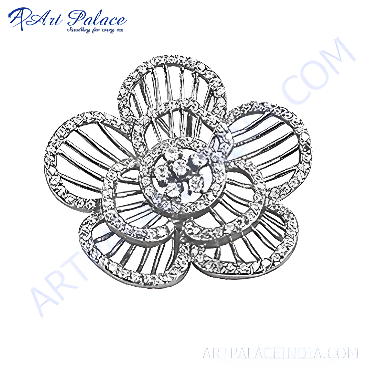 Silver flower brooch with diamond accents on a white background, perfect for adding sparkle to any outfit