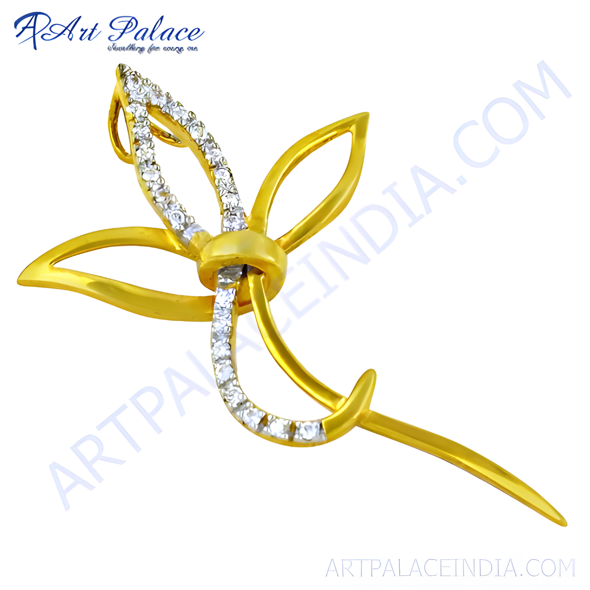 Gold plating dragonfly brooch with crystal accents on a white background, women's fashion jewelry