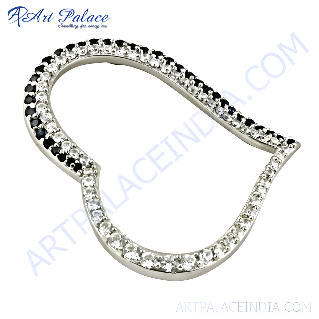Silver heart pendant with alternating clear and black crystals, a unique jewelry piece.