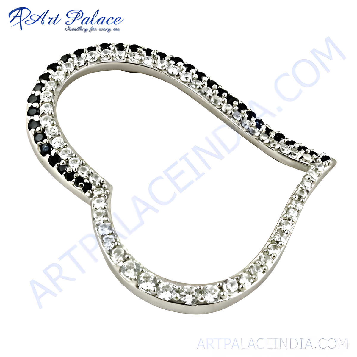 Silver heart pendant with alternating clear and black crystals, a unique jewelry piece