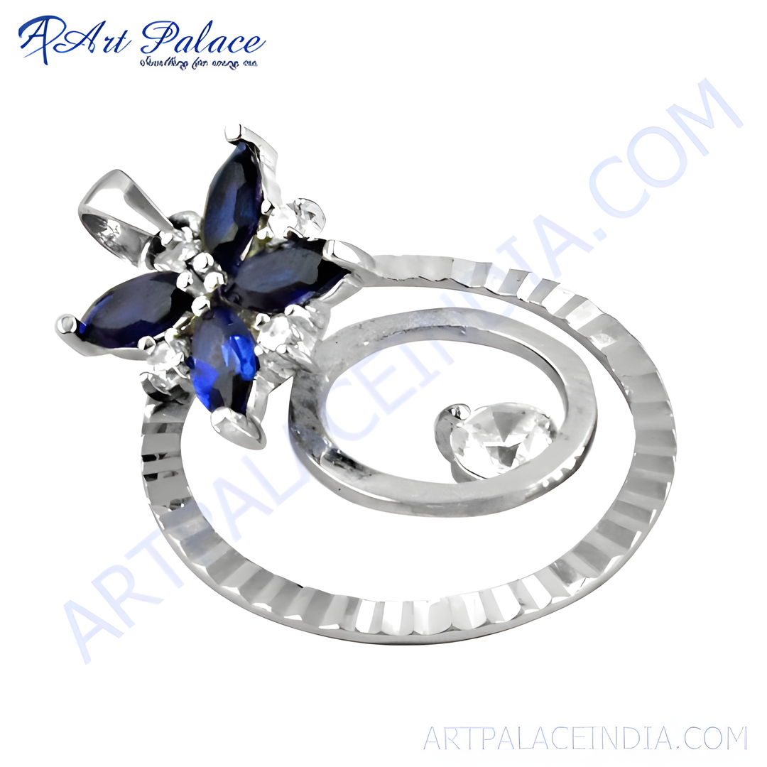 925 sterling silver flower pendant with blue sapphire and white gemstones, perfect gift.