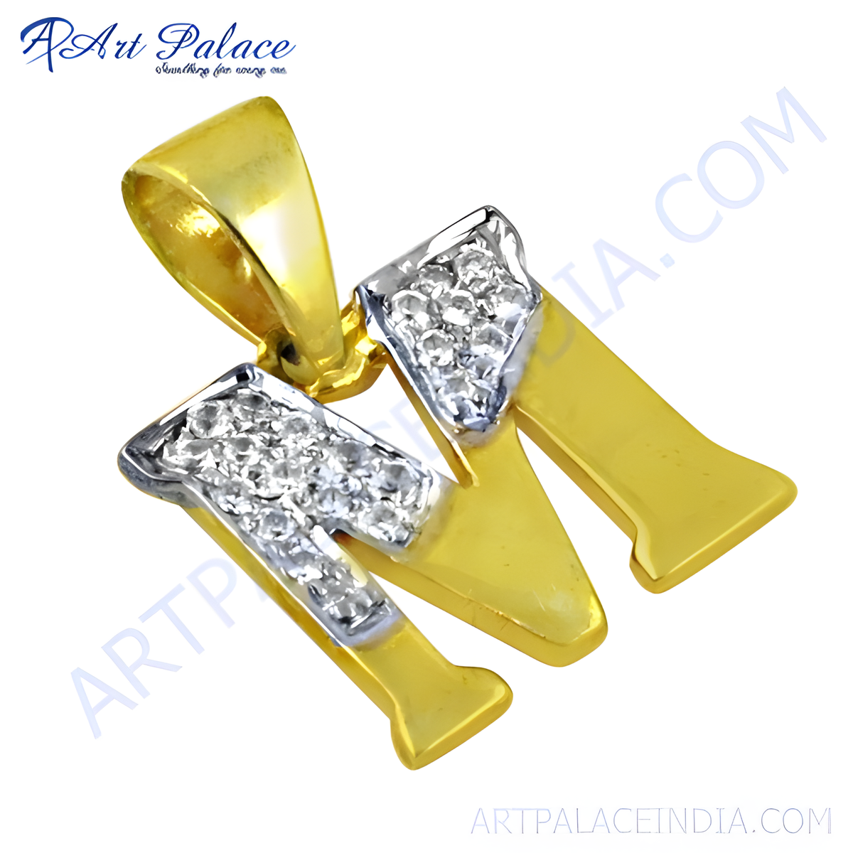 Gold plating pendant featuring the letter m with diamond accents, a stylish and personalized piece of jewelry