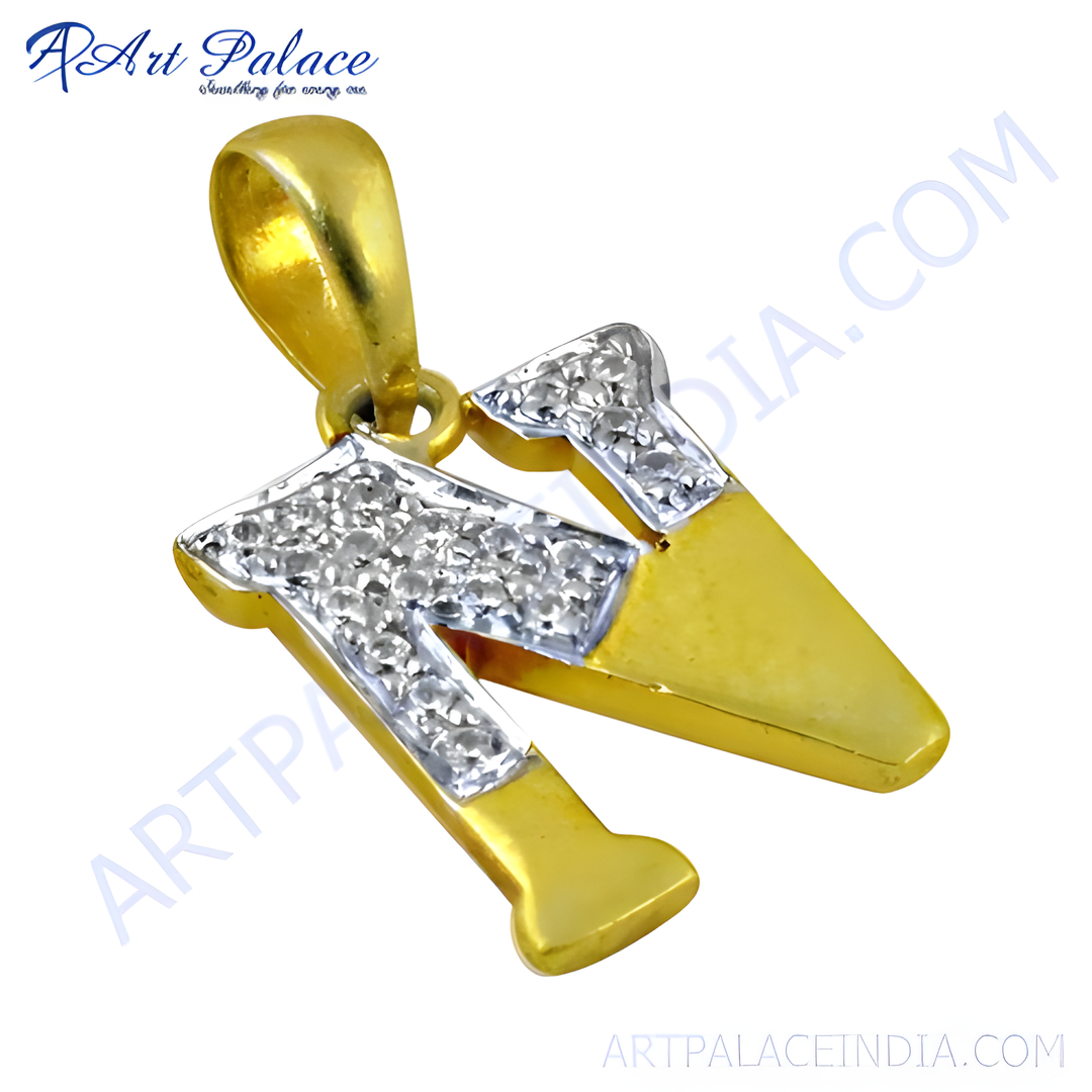 gold plating letter N pendant with diamond accents on a white background, a stylish initial jewelry.