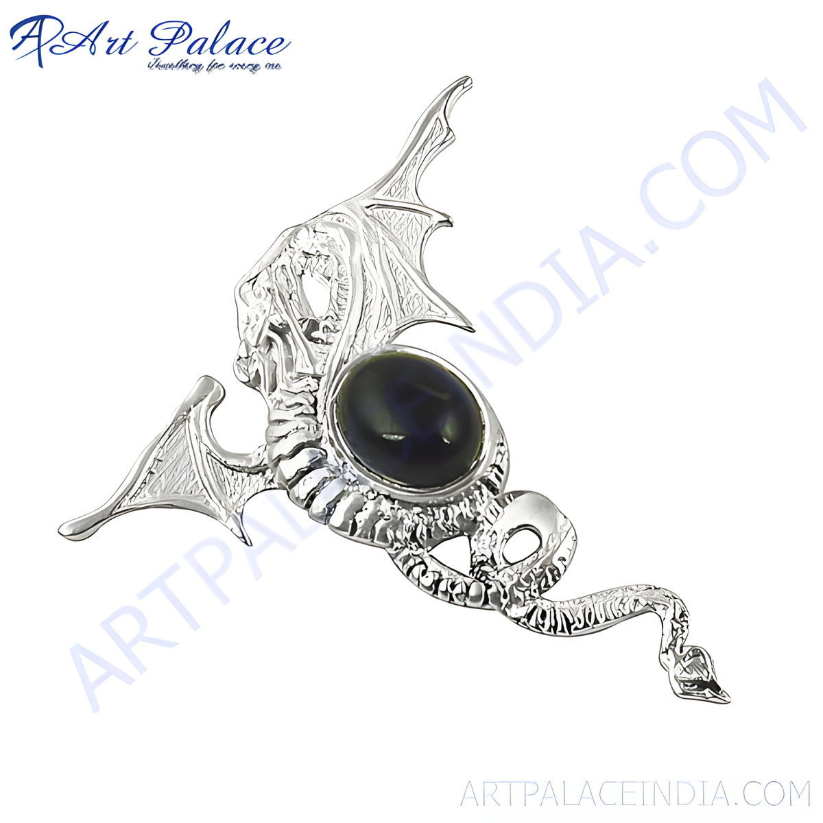 Sterling silver dragon pendant necklace with a large oval gemstone