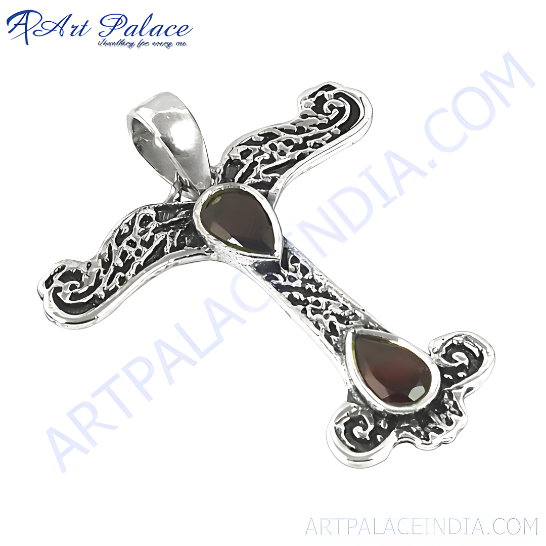 925 Sterling Silver Cross Pendant with pear-shaped garnet gemstones. Elegant religious jewelry.