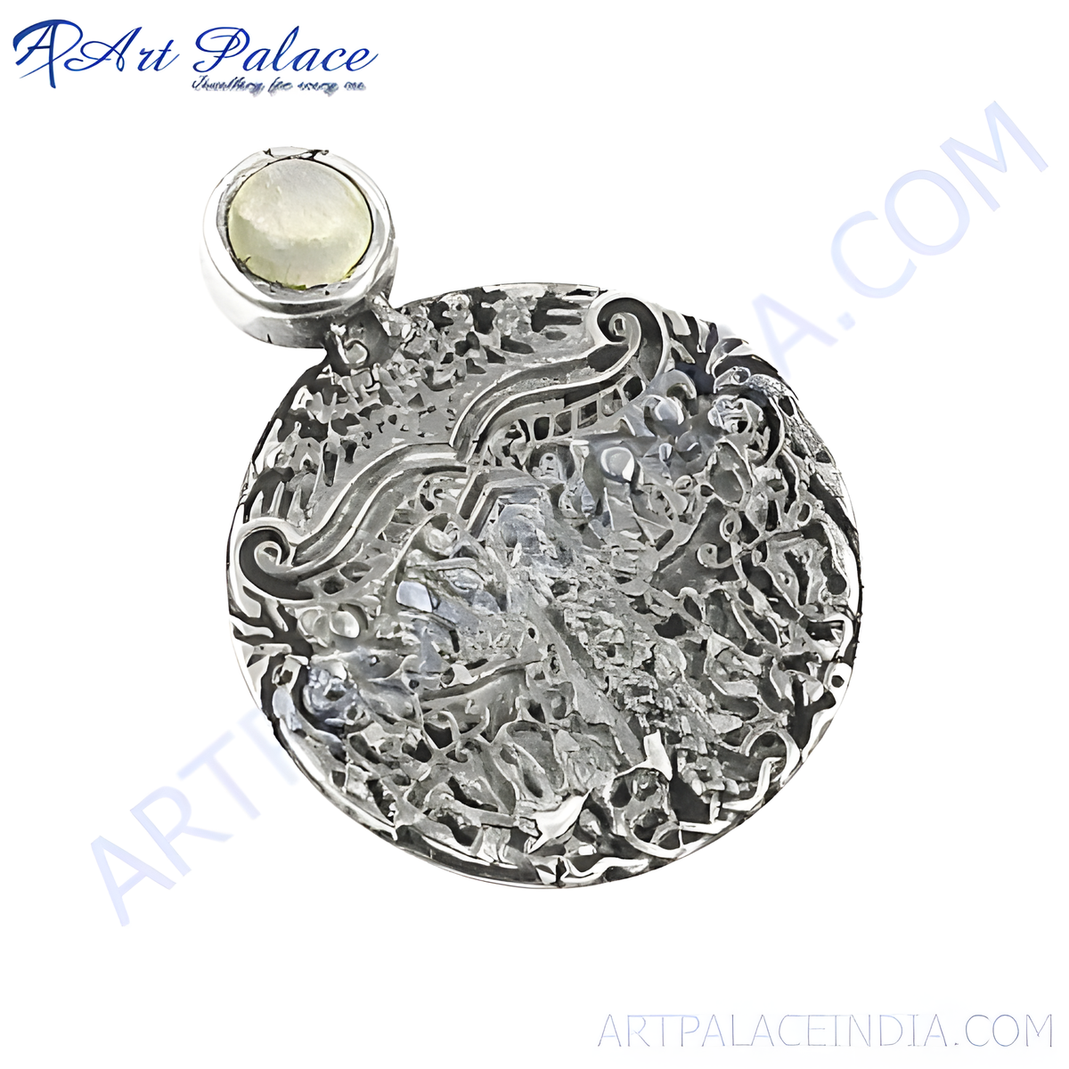 925 sterling silver filigree pendant with a round moonstone cabochon