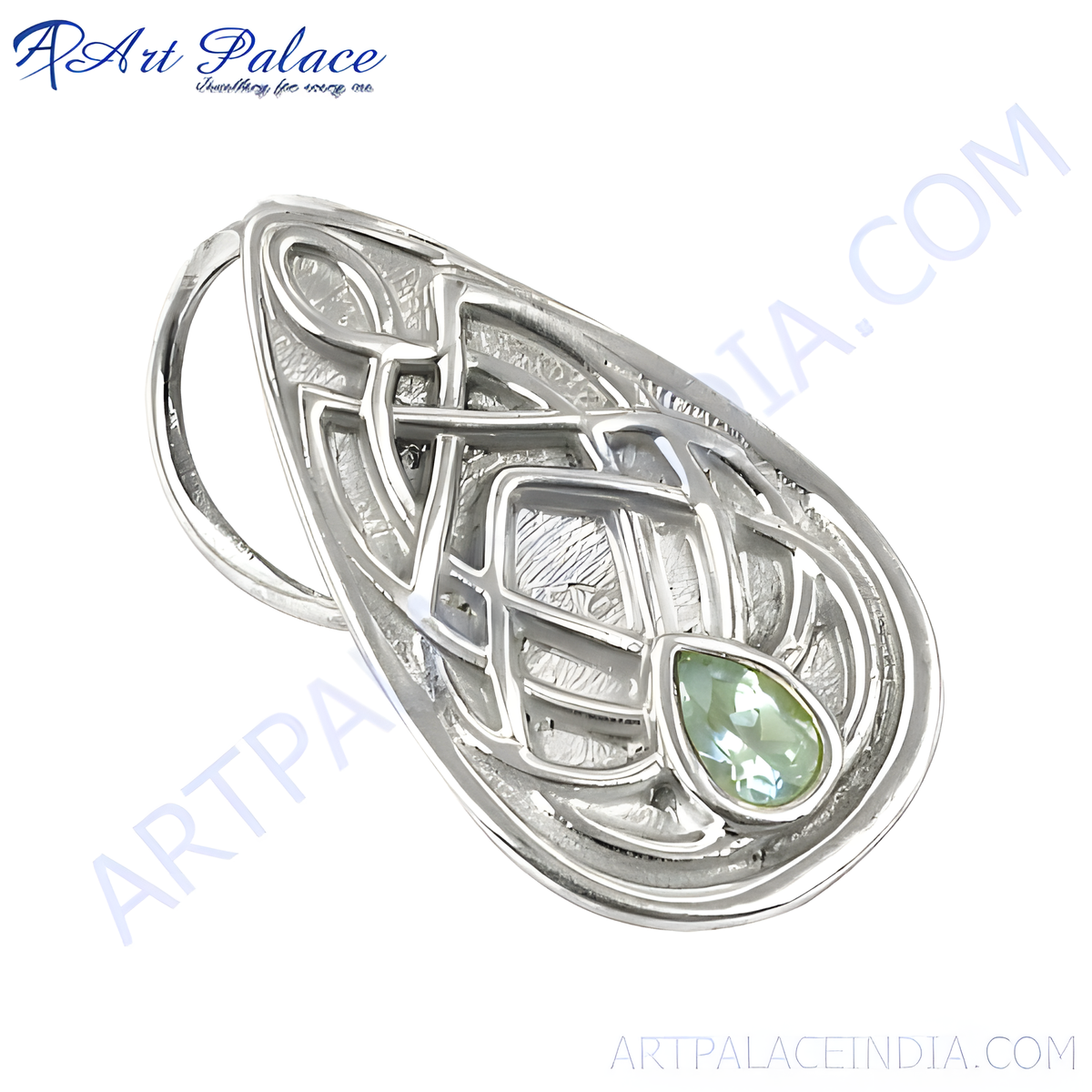 925 sterling silver celtic knot pendant with a pear shaped green gemstone for women