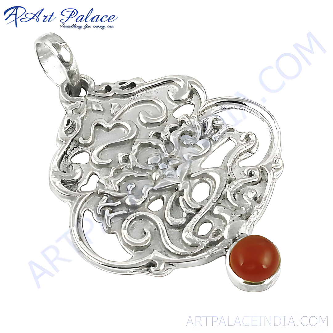 925 sterling silver filigree pendant with a round carnelian gemstone, displayed on a white background