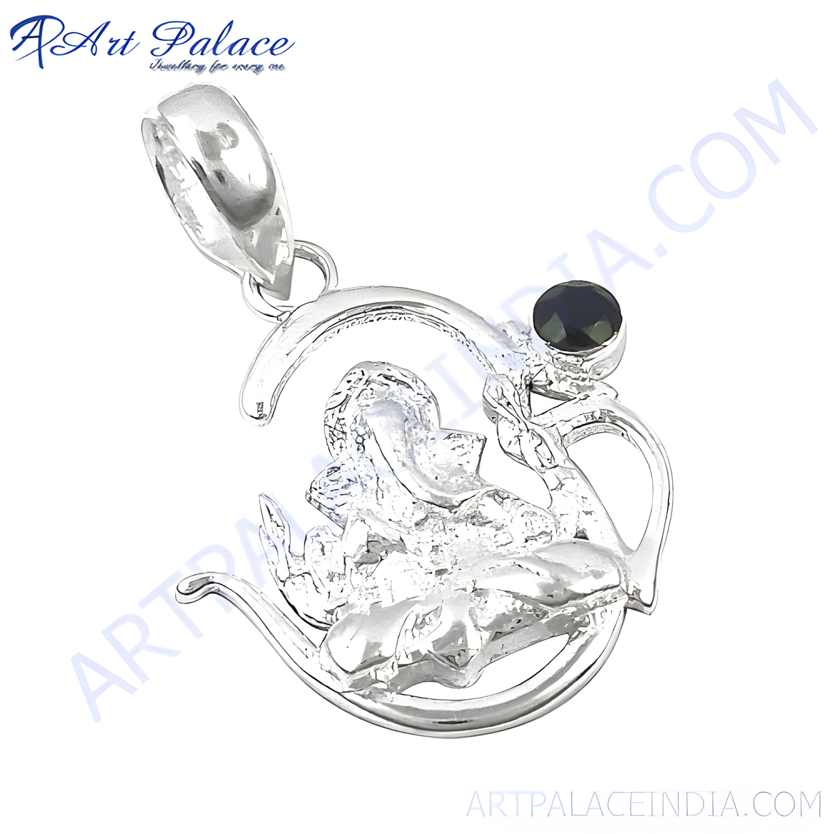 Sterling silver ganesha pendant with an emerald gemstone, perfect for women