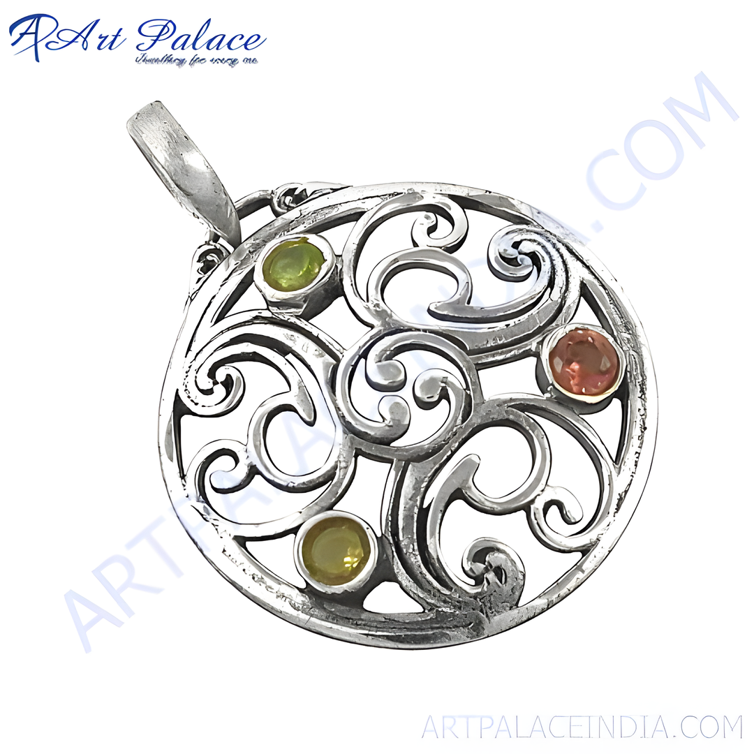 925 sterling silver filigree pendant with three gemstones in green and red