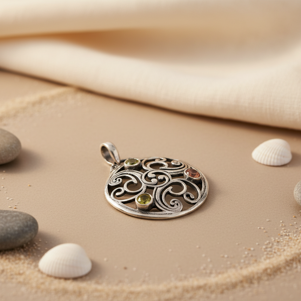 925 Silver Filigree Pendant with Gemstones for Women