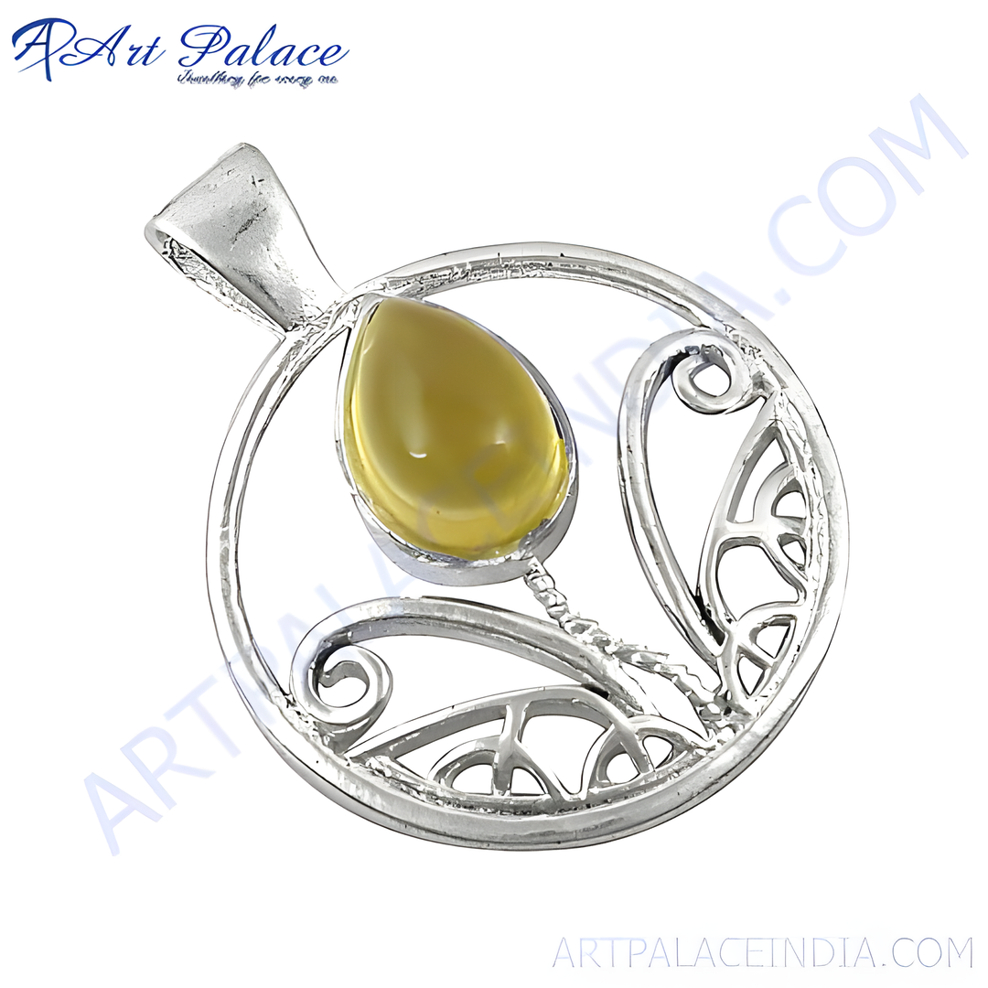 925 sterling silver citrine pendant with pear-shaped yellow gemstone, openwork design