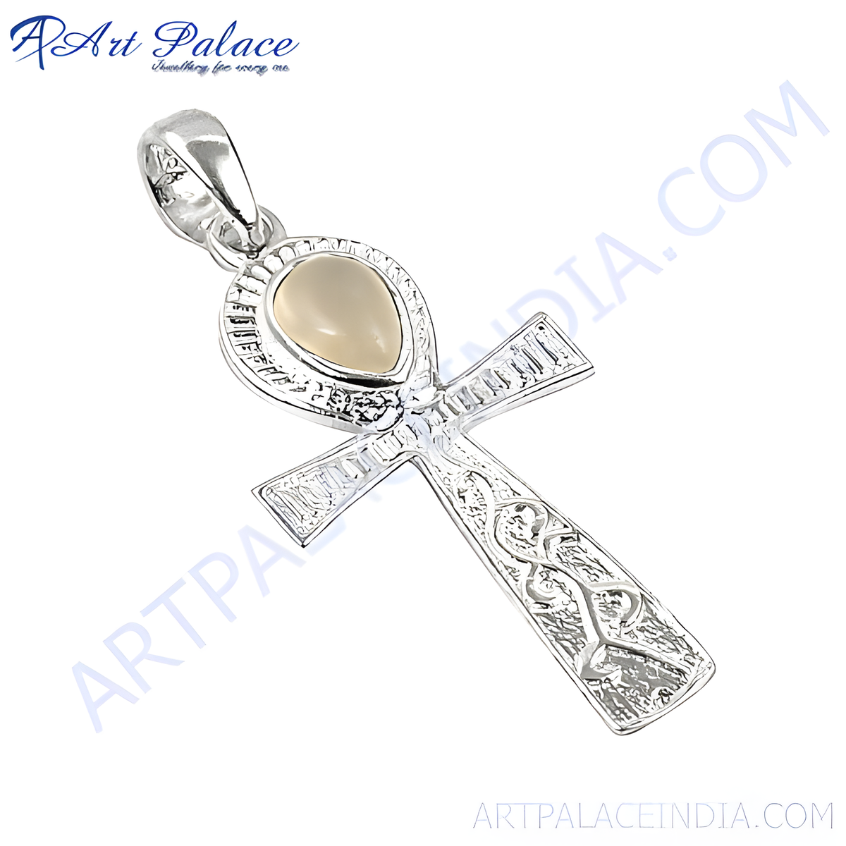 925 sterling silver ankh pendant with a moonstone gemstone in the center, a beautiful and unique charm