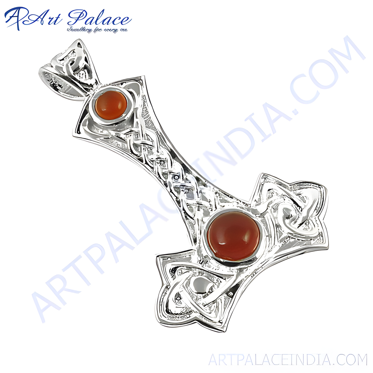 925 sterling silver celtic knot pendant with two carnelian gemstones, orange and silver