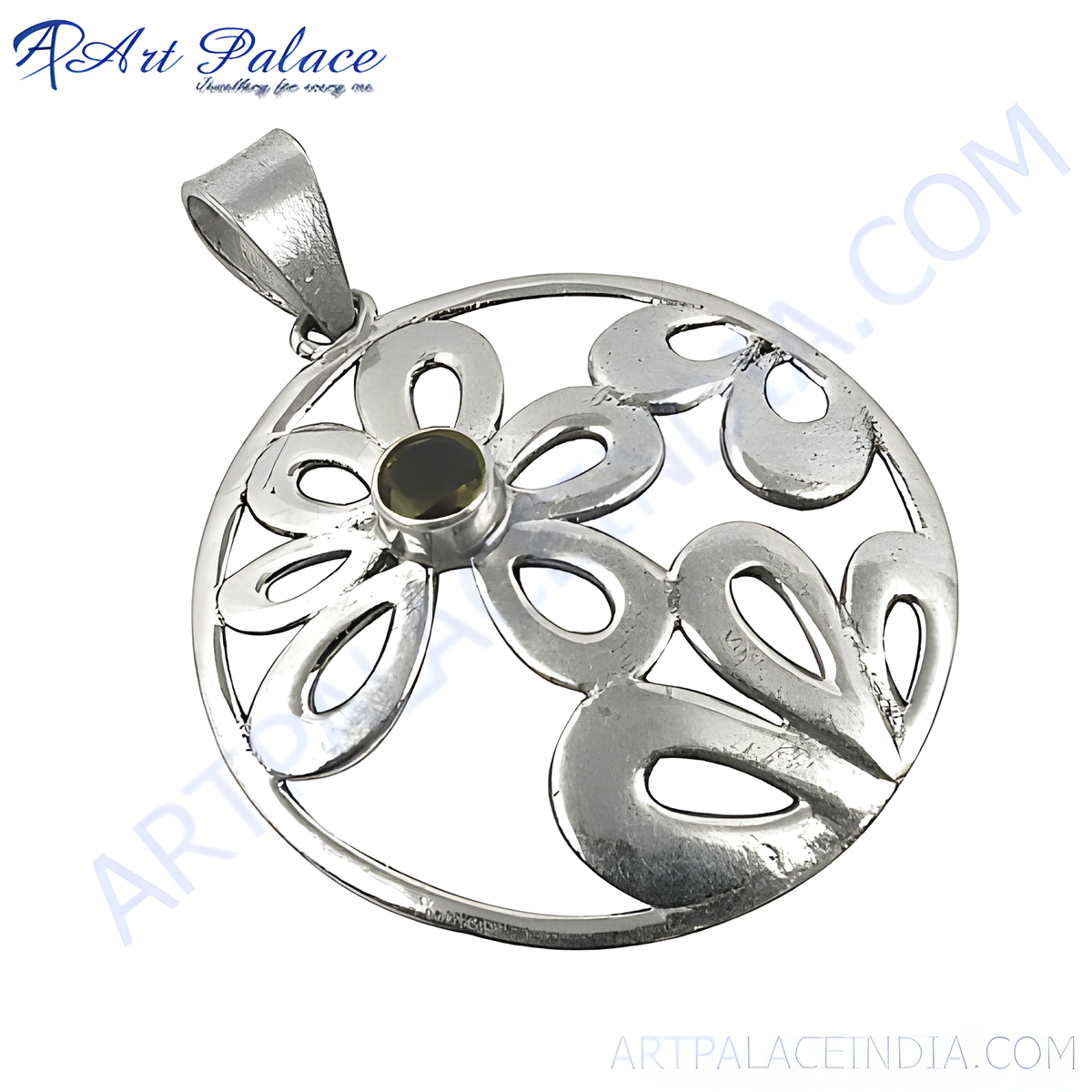 925 sterling silver flower pendant with a green gemstone center for women