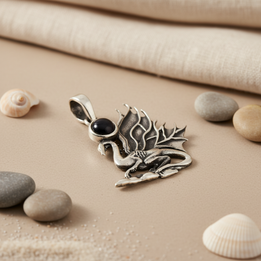 925 Silver Dragon Pendant with Black Gemstone | Gift for Him