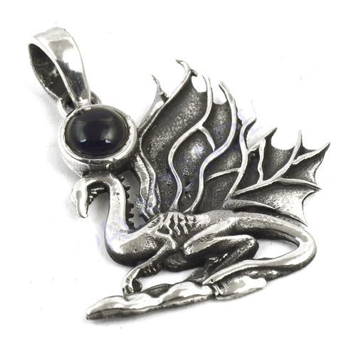 925 Silver Dragon Pendant with Black Gemstone | Gift for Him