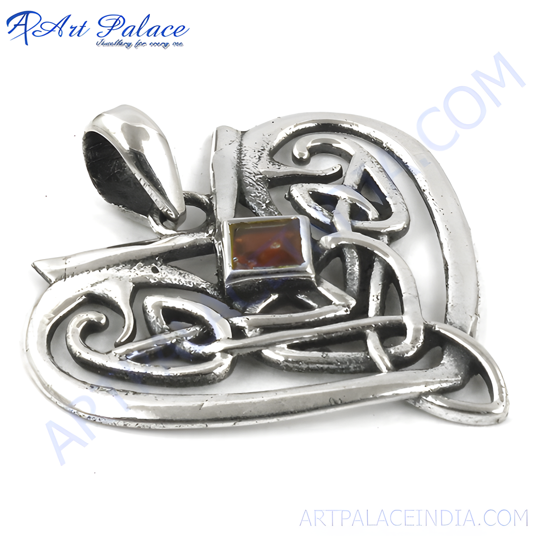 925 sterling silver Celtic knot pendant with a brown square gemstone.