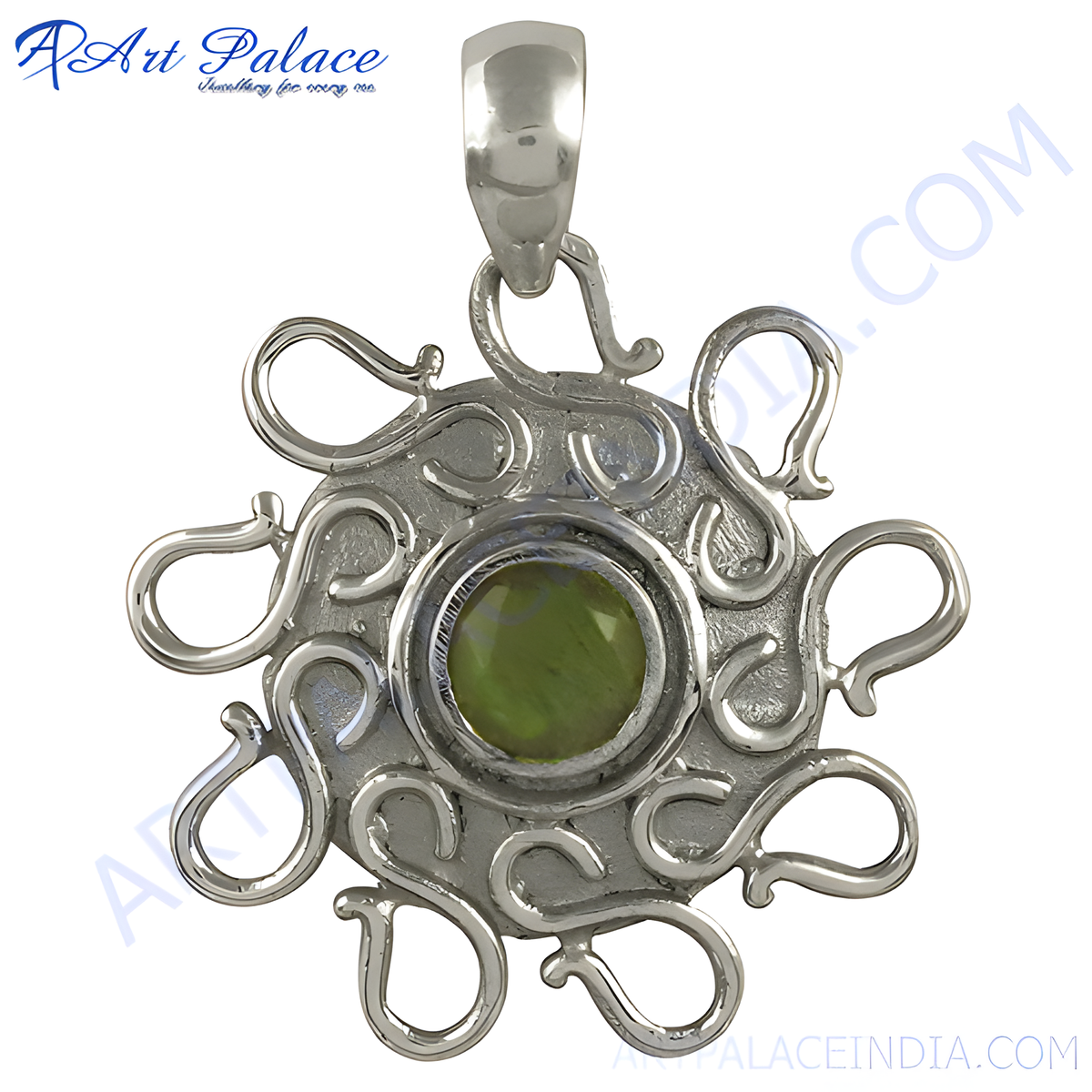 Sterling silver peridot pendant with green gemstone center and unique openwork design