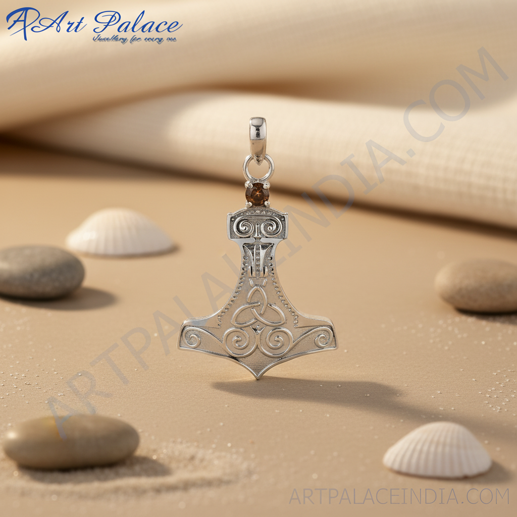 925 Sterling Silver Thor's Hammer Pendant with Gemstone