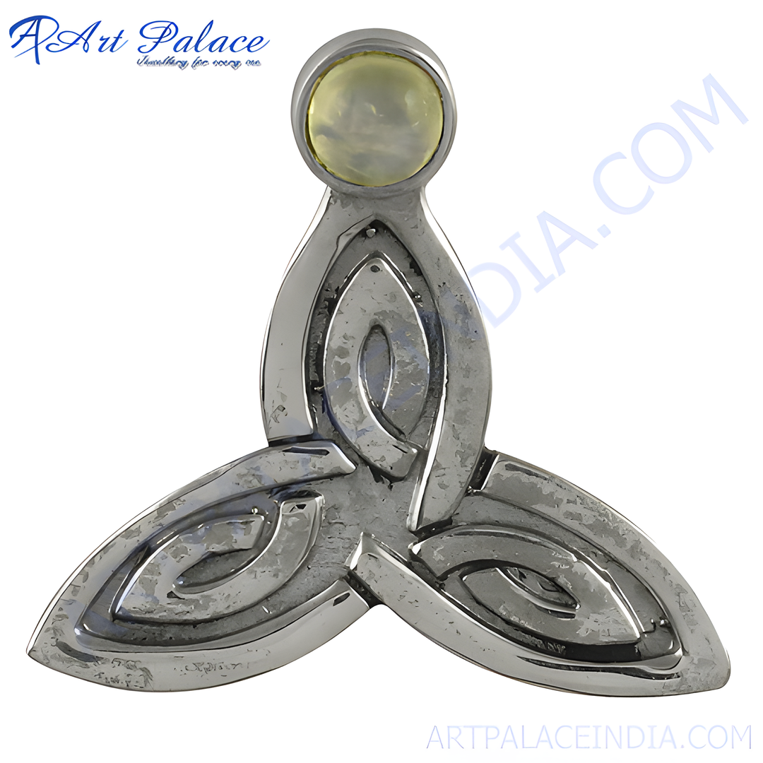 Sterling silver Celtic knot pendant with a gemstone accent, showcasing a detailed design.