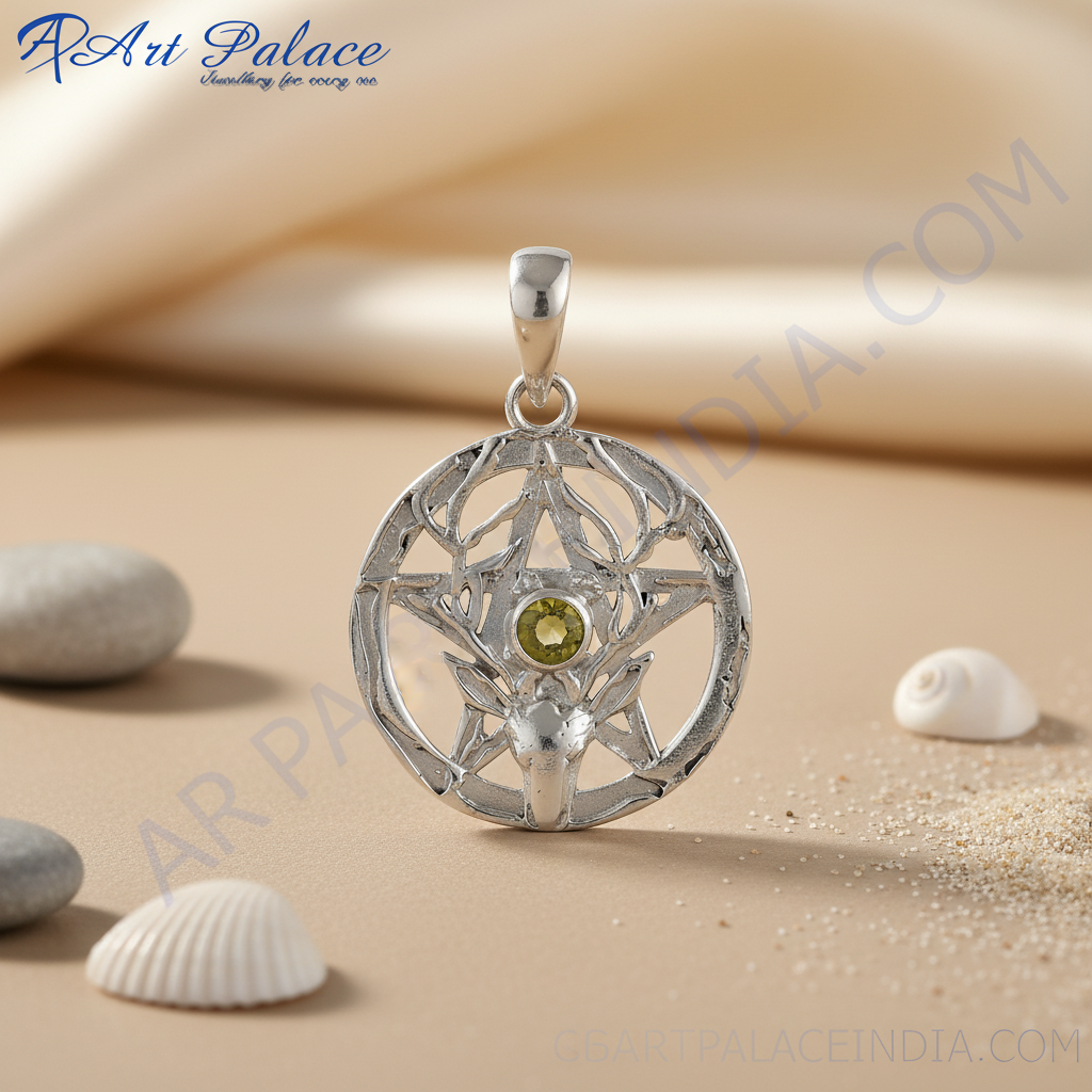 925 Silver Pentagram Deer Pendant | Green Gemstone Jewelry