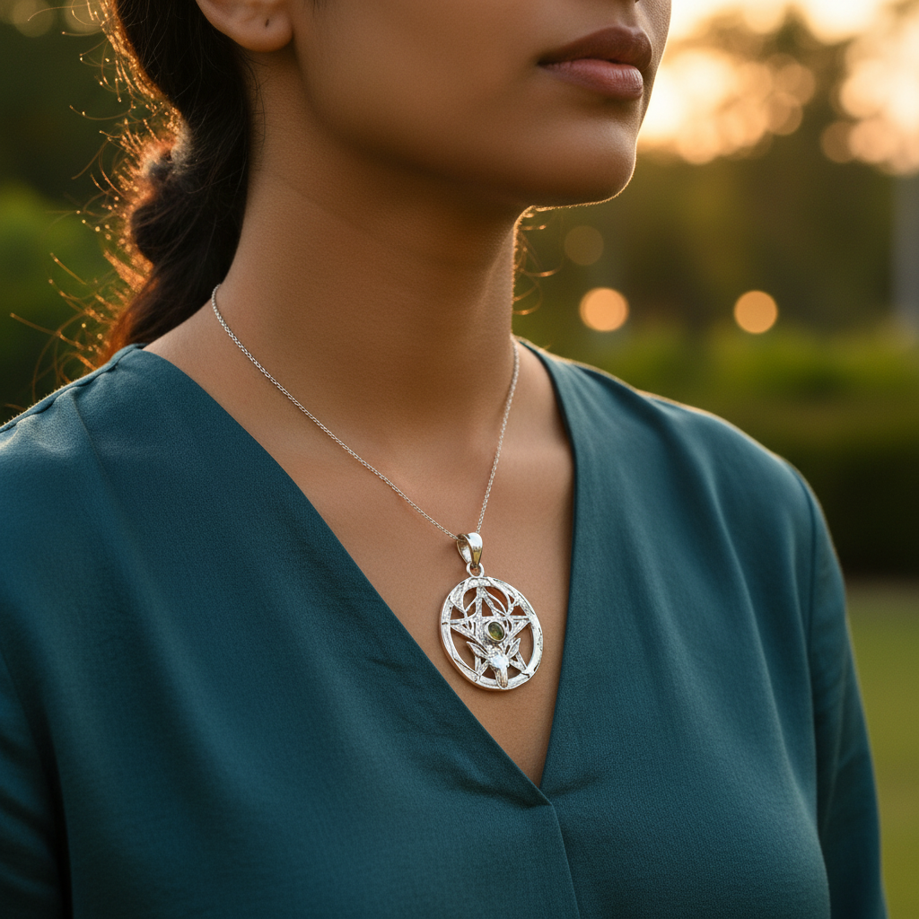 925 Silver Pentagram Deer Pendant | Green Gemstone Jewelry